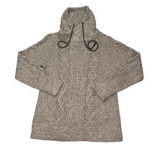 LL Bean Signature‎ woman's Gray Cotton Cable Knit Funnel Neck Sweater Medium EUC